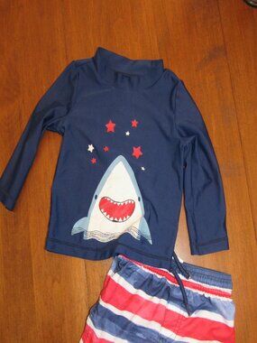 18mo Carters Swim Trunks and Rash Guard Set Shark Red Blue Stripes